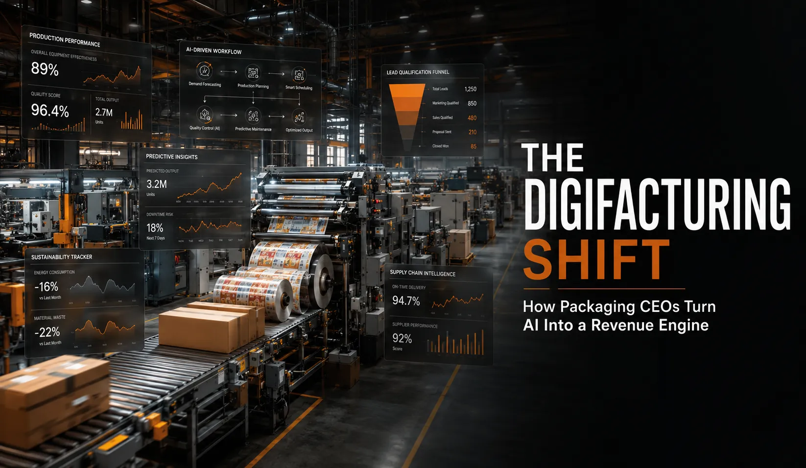 The Digifacturing Shift — AI dashboards layered over a live packaging manufacturing floor